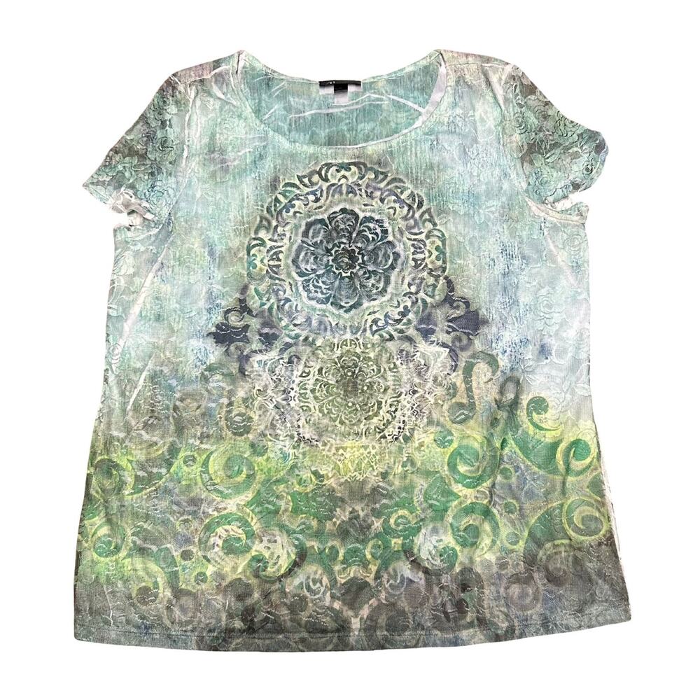 Y2K Top Lace Overlay Womens XL Green Black Mandela Music Notes Indie Boho